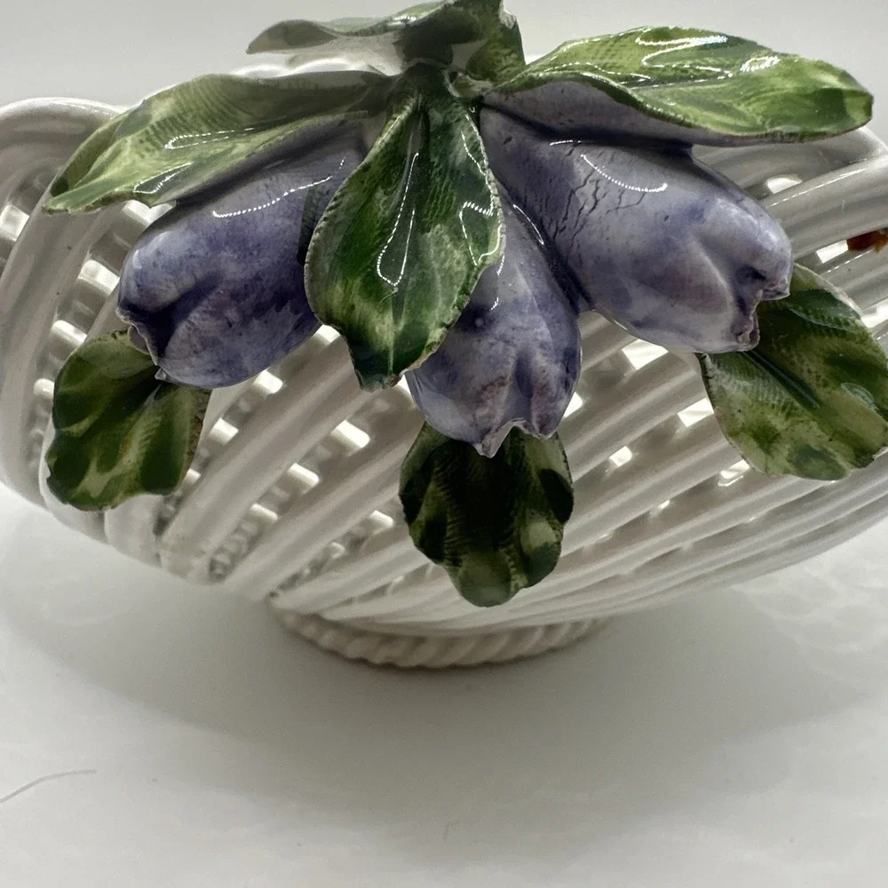 Vintage ItalianCeramic Basket Bowl White Woven Floral Yellow And Purple Green